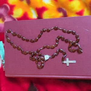 Vintage Brown Beaded Rosary with Silver (Pewter) Cross
